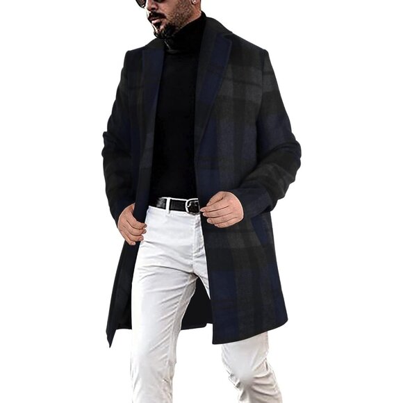 💫 Men Black Casual Trench Coat Notched Collar Single Breasted Wool Blend Coat